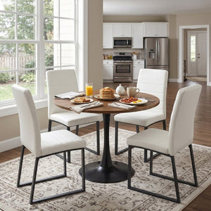 English Elm 31.5 Inch Round Dining Set Seats Four with PU Leather Chairs for Small Apartments Walnut / White - A W2920S00208