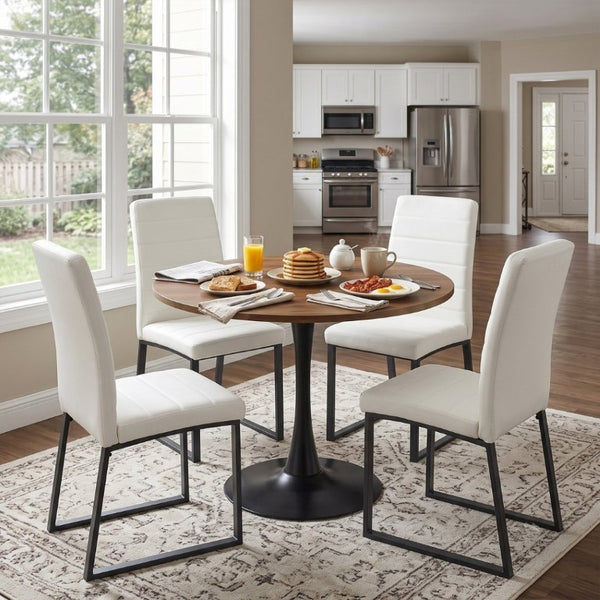 English Elm 31.5 Inch Round Dining Set Seats Four with PU Leather Chairs for Small Apartments Walnut / White - A W2920S00208