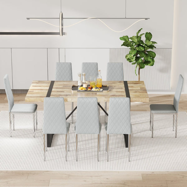 English Elm Commercial Diamond Tufted PU Leather Dining Chairs Set of 8 with Chrome Legs Light Gray and Silver W2920S00210