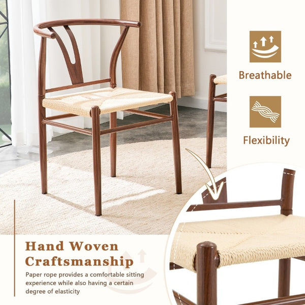 English Elm Table and Chair Set 42 Inch Round Stone Top with Four Rope Woven Wishbone Dining Seats W2920S00216