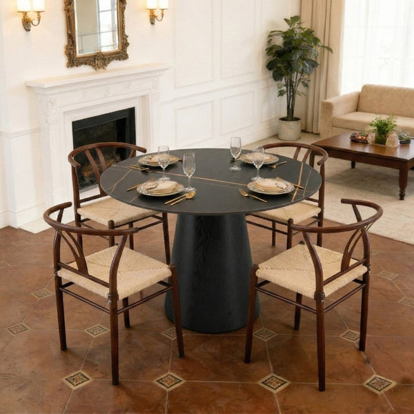 English Elm Table and Chair Set 42 Inch Round Stone Top with Four Rope Woven Wishbone Dining Seats W2920S00216