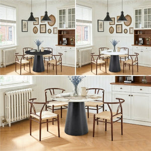 English Elm Table and Chair Set 42 Inch Round Stone Top with Four Rope Woven Wishbone Dining Seats W2920S00216