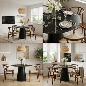 English Elm Table and Chair Set 42 Inch Round Stone Top with Four Rope Woven Wishbone Dining Seats W2920S00216