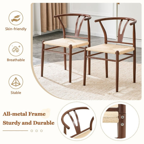 English Elm Table and Chair Set 42 Inch Round Stone Top with Four Rope Woven Wishbone Dining Seats W2920S00216
