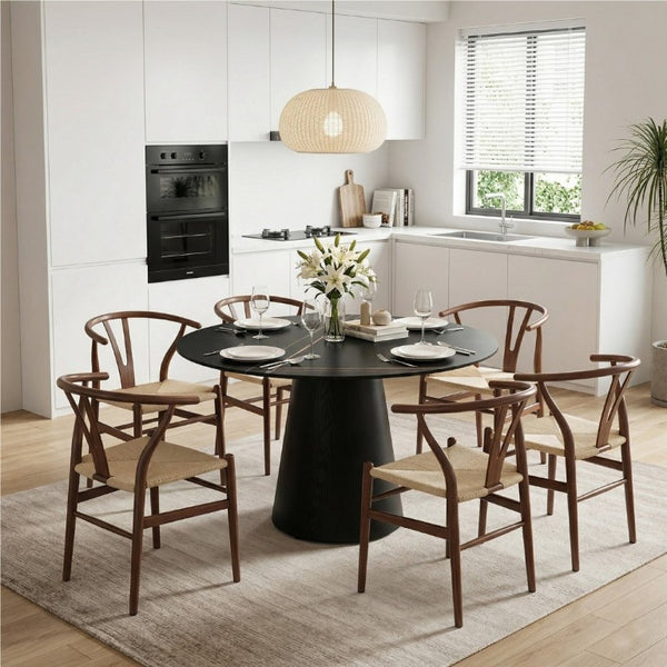 English Elm Table and Chair Set 42 Inch Stone Slab Round Dining with Six Wishbone Rope Seat Chairs W2920S00217