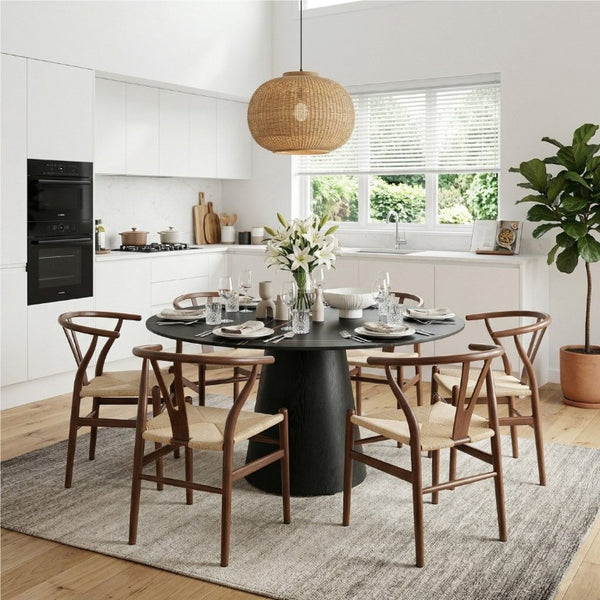 English Elm Table and Chair Set 42 Inch Stone Slab Round Dining with Six Wishbone Rope Seat Chairs W2920S00217