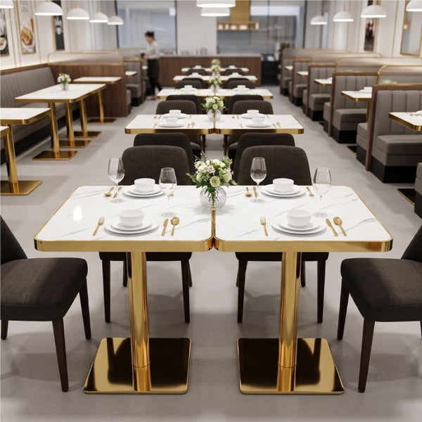 English Elm Set of 2 Faux Marble Square Bistro Tables with Electroplated Pedestal Base Cafe Style Gold+White W2920S00218