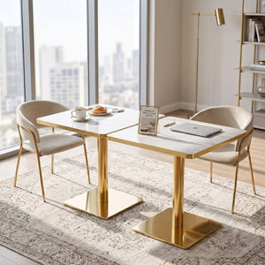 English Elm Set of 2 Faux Marble Square Bistro Tables with Electroplated Pedestal Base Cafe Style Gold+White W2920S00218