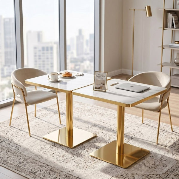English Elm Set of 2 Faux Marble Square Bistro Tables with Electroplated Pedestal Base Cafe Style Gold+White W2920S00218