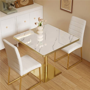 English Elm 23.7 Inch Bistro Dining Set Faux Marble Gold Pedestal Table with PU Leather Chairs W2920S00219