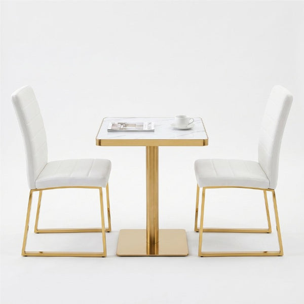 English Elm 23.7 Inch Bistro Dining Set Faux Marble Gold Pedestal Table with PU Leather Chairs W2920S00219