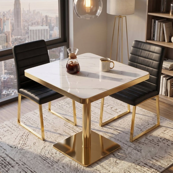 English Elm 23.7 Inch Faux Marble Bistro Dining Set for Two with Gold Pedestal and PU Leather Chairs W2920S00220