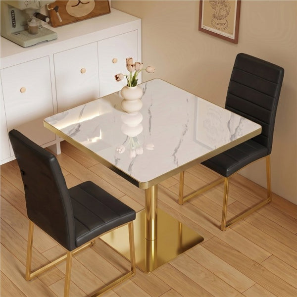 English Elm 23.7 Inch Faux Marble Bistro Dining Set for Two with Gold Pedestal and PU Leather Chairs W2920S00220