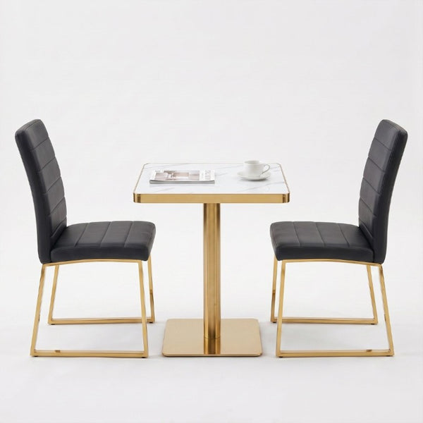 English Elm 23.7 Inch Faux Marble Bistro Dining Set for Two with Gold Pedestal and PU Leather Chairs W2920S00220