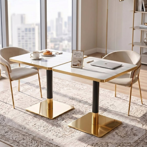English Elm Set of 2 Faux Marble Square Bistro Tables with Electroplated Pedestal Base Cafe Style Black,Gold+White W2920S00221