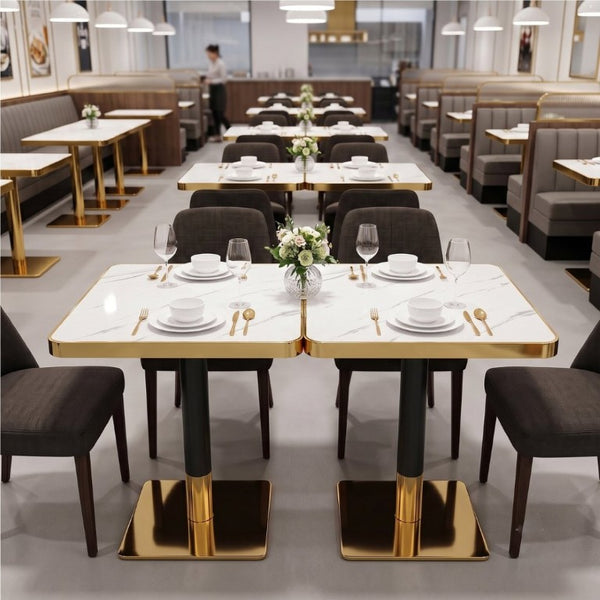 English Elm Set of 2 Faux Marble Square Bistro Tables with Electroplated Pedestal Base Cafe Style Black,Gold+White W2920S00221