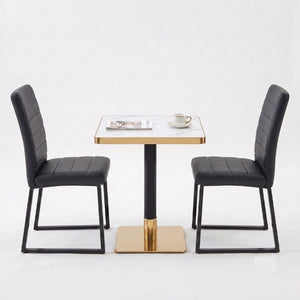 English Elm 23.7 Inch Faux Marble Dining Set for Two with Gold Edge and PU Leather Seating Black Chairs W2920S00222