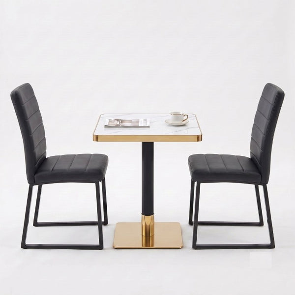 English Elm 23.7 Inch Faux Marble Dining Set for Two with Gold Edge and PU Leather Seating Black Chairs W2920S00222