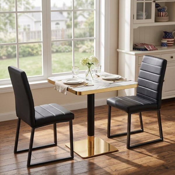 English Elm 23.7 Inch Faux Marble Dining Set for Two with Gold Edge and PU Leather Seating Black Chairs W2920S00222