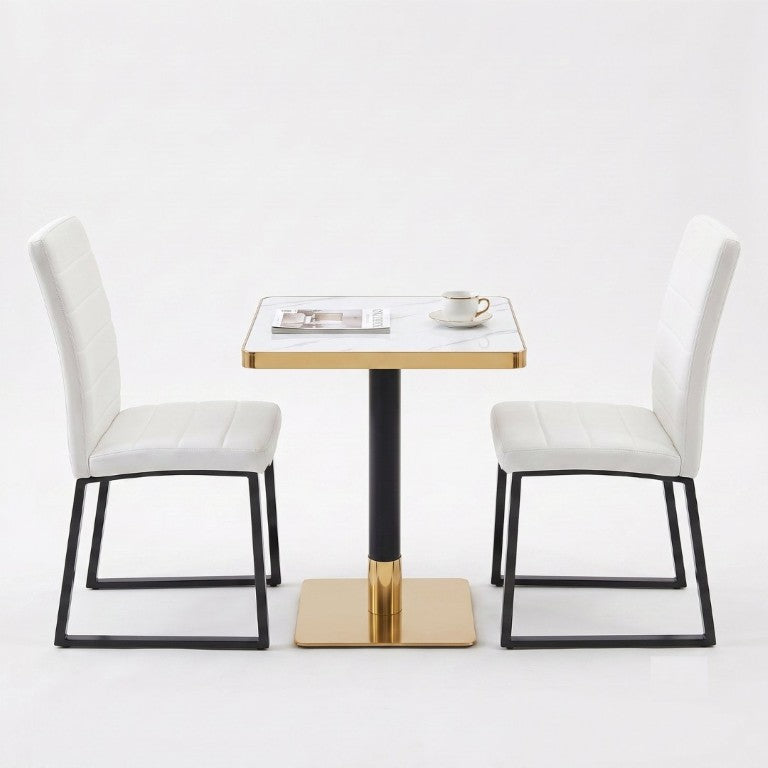 English Elm 23.7 Inch Faux Marble Dining Set for Two with Gold Edge and PU Leather Seating White Chairs W2920S00223
