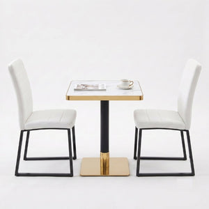 English Elm 23.7 Inch Faux Marble Dining Set for Two with Gold Edge and PU Leather Seating White Chairs W2920S00223