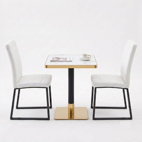 English Elm 23.7 Inch Faux Marble Dining Set for Two with Gold Edge and PU Leather Seating White Chairs W2920S00223