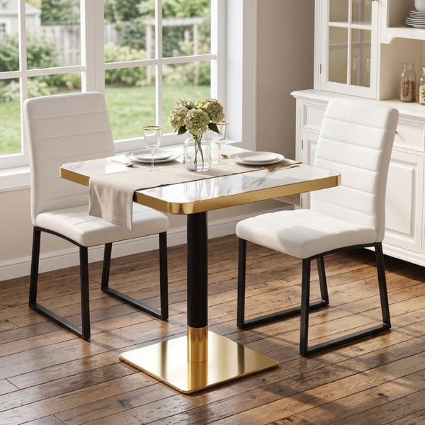 English Elm 23.7 Inch Faux Marble Dining Set for Two with Gold Edge and PU Leather Seating White Chairs W2920S00223