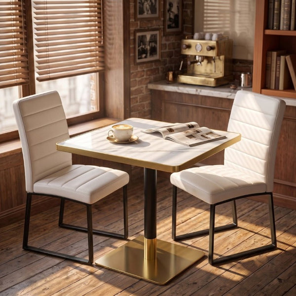 English Elm 23.7 Inch Faux Marble Dining Set for Two with Gold Edge and PU Leather Seating White Chairs W2920S00223