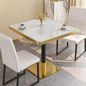 English Elm 23.7 Inch Faux Marble Dining Set for Two with Gold Edge and PU Leather Seating White Chairs W2920S00223