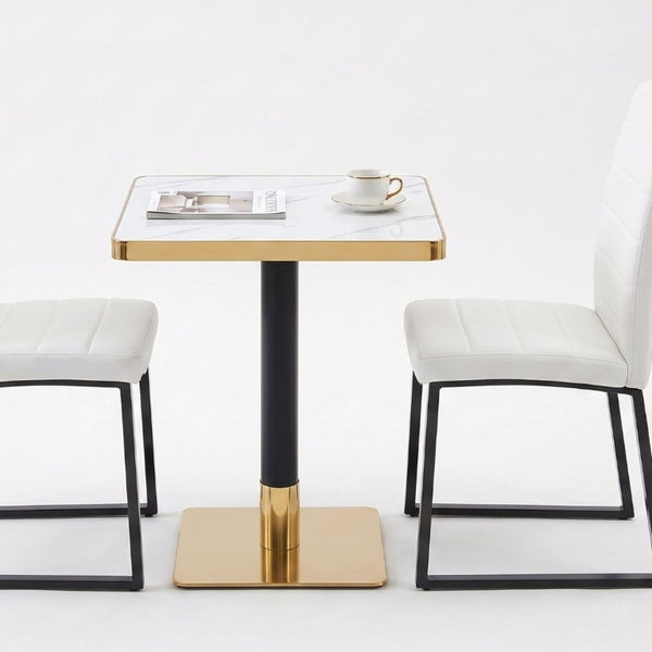 English Elm 23.7 Inch Faux Marble Dining Set for Two with Gold Edge and PU Leather Seating White Chairs W2920S00223