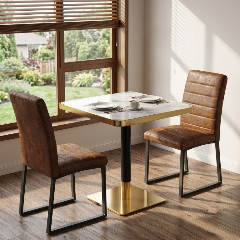 English Elm 23.7 Inch Faux Marble Bistro Dining Set for Two with Gold Trim and PU Leather Chairs W2920S00224