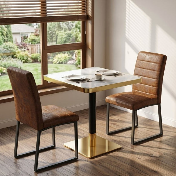 English Elm 23.7 Inch Faux Marble Bistro Dining Set for Two with Gold Trim and PU Leather Chairs W2920S00224