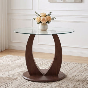 English Elm 2-In-1 Reversible Pedestal Round Tempered Glass Dining Table Walnut Base Seats Four W2920S00225