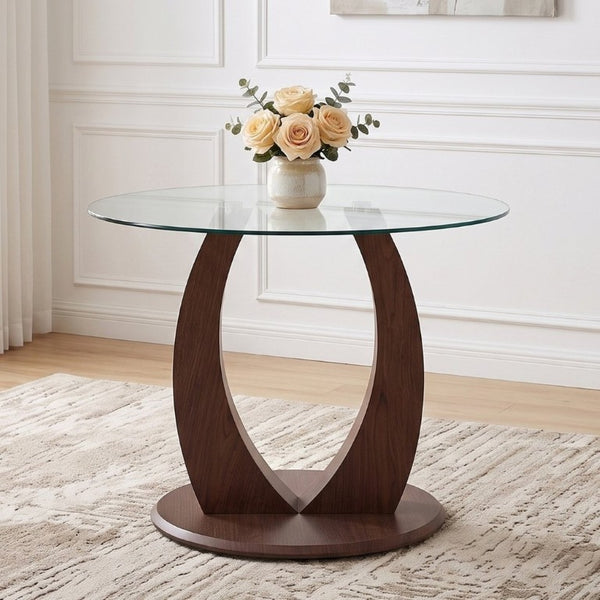 English Elm 2-In-1 Reversible Pedestal Round Tempered Glass Dining Table Walnut Base Seats Four W2920S00225