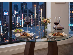 English Elm 2-In-1 Reversible Pedestal Round Tempered Glass Dining Table Walnut Base Seats Four W2920S00225