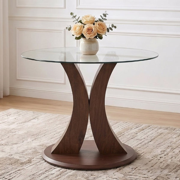 English Elm 2-In-1 Reversible Pedestal Round Tempered Glass Dining Table Walnut Base Seats Four W2920S00225
