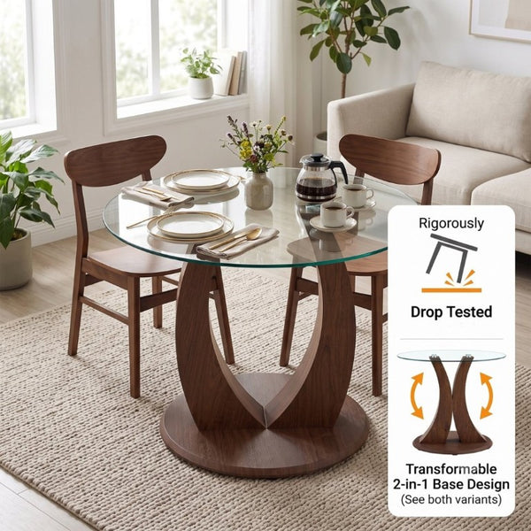 English Elm 2-In-1 Reversible Pedestal Round Tempered Glass Dining Table Walnut Base Seats Four W2920S00225