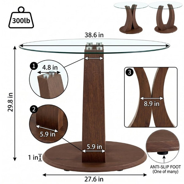 English Elm 2-In-1 Reversible Pedestal Round Tempered Glass Dining Table Walnut Base Seats Four W2920S00225