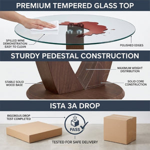 English Elm 2-In-1 Reversible Pedestal Round Tempered Glass Dining Table Walnut Base Seats Four W2920S00225
