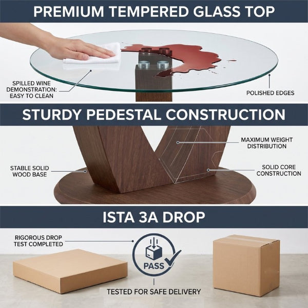 English Elm 2-In-1 Reversible Pedestal Round Tempered Glass Dining Table Walnut Base Seats Four W2920S00225