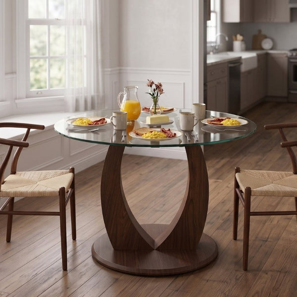 English Elm 2-In-1 Reversible Pedestal Round Tempered Glass Dining Table Walnut Base Seats Four W2920S00225