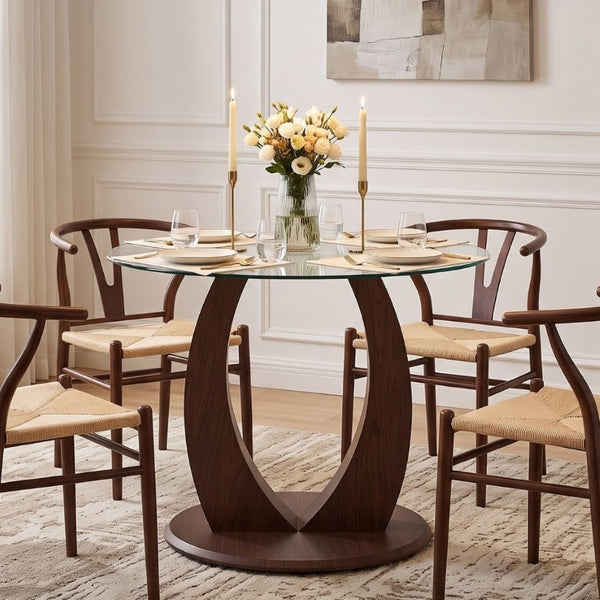 English Elm 2-In-1 Reversible Pedestal Round Tempered Glass Dining Table Walnut Base Seats Four W2920S00225