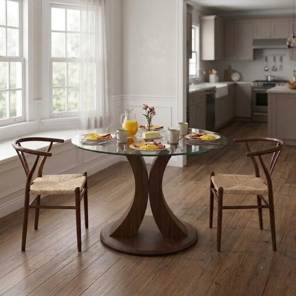 English Elm 2-In-1 Reversible Pedestal Round Tempered Glass Dining Table Walnut Base Seats Four W2920S00225
