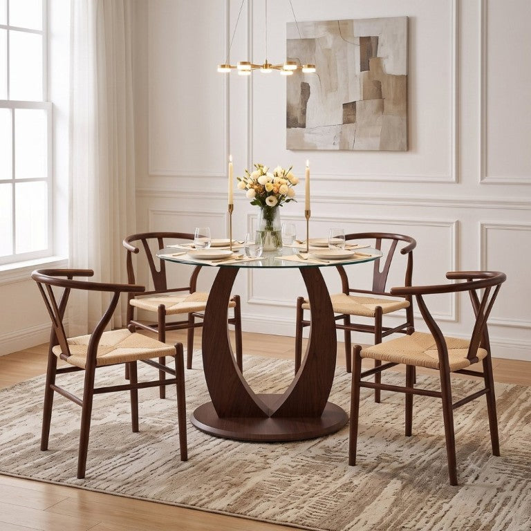 English Elm Table and Chair Set Round Tempered Glass Top with Rope Woven Seats Walnut Pedestal Base W2920S00226