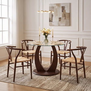 English Elm Table and Chair Set Round Tempered Glass Top with Rope Woven Seats Walnut Pedestal Base W2920S00226