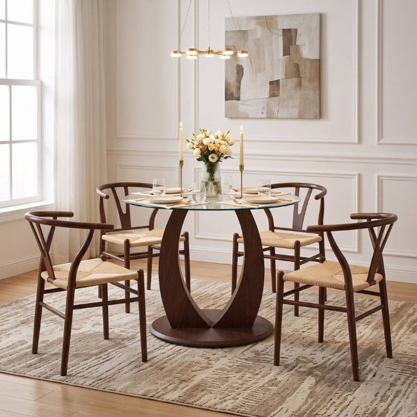 English Elm Table and Chair Set Round Tempered Glass Top with Rope Woven Seats Walnut Pedestal Base W2920S00226