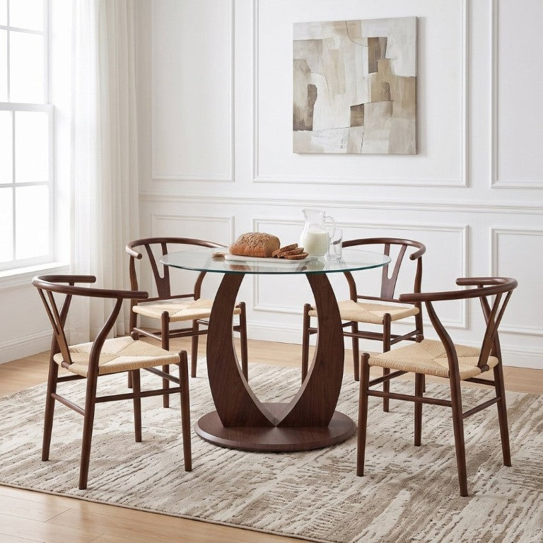 English Elm Table and Chair Set Round Tempered Glass Top with Rope Woven Seats Walnut Pedestal Base W2920S00226