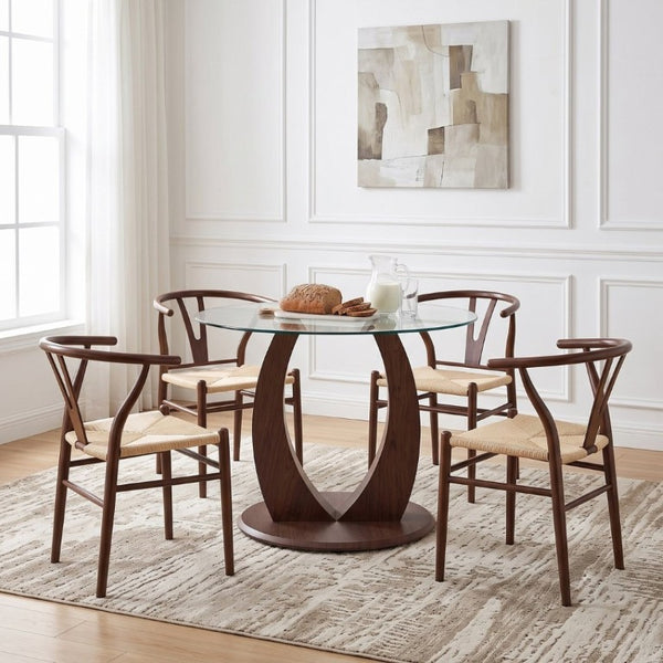 English Elm Table and Chair Set Round Tempered Glass Top with Rope Woven Seats Walnut Pedestal Base W2920S00226