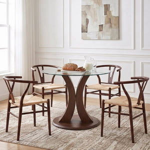 English Elm Table and Chair Set Round Tempered Glass Top with Rope Woven Seats Walnut Pedestal Base W2920S00226