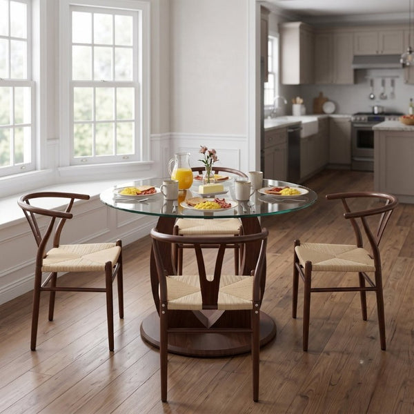 English Elm Table and Chair Set Round Tempered Glass Top with Rope Woven Seats Walnut Pedestal Base W2920S00226